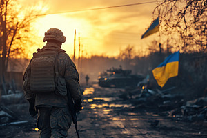 Soldier walks through war-torn area as sun sets behind tanks and, a Photo by AlyaAnd