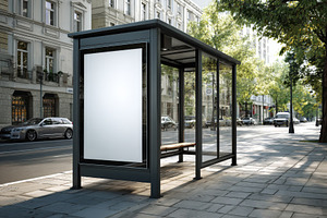 Modern bus stop with blank billboard, a Photo by Pixeness Studio