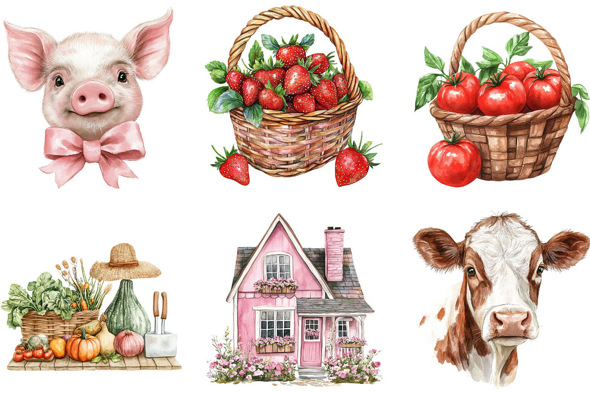 Watercolor Lovely Farm Clipart, an Illustration by Designking (Photo 4 of 5)