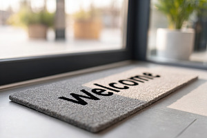 Welcome mat placed at the entrance of a well-lit room with large windows and gr, a Background Photo by AlyaAnd