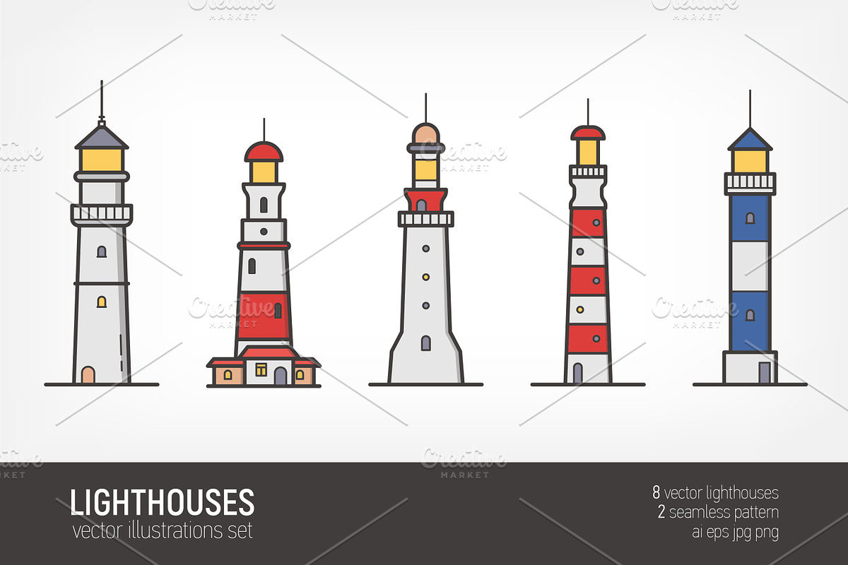 Lighthouses set, seamless patterns, an Object Illustration by Good Studio (Photo 1 of 9)