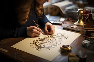 Artist drawing on paper with golden, a Photo by Iftikhar Alam