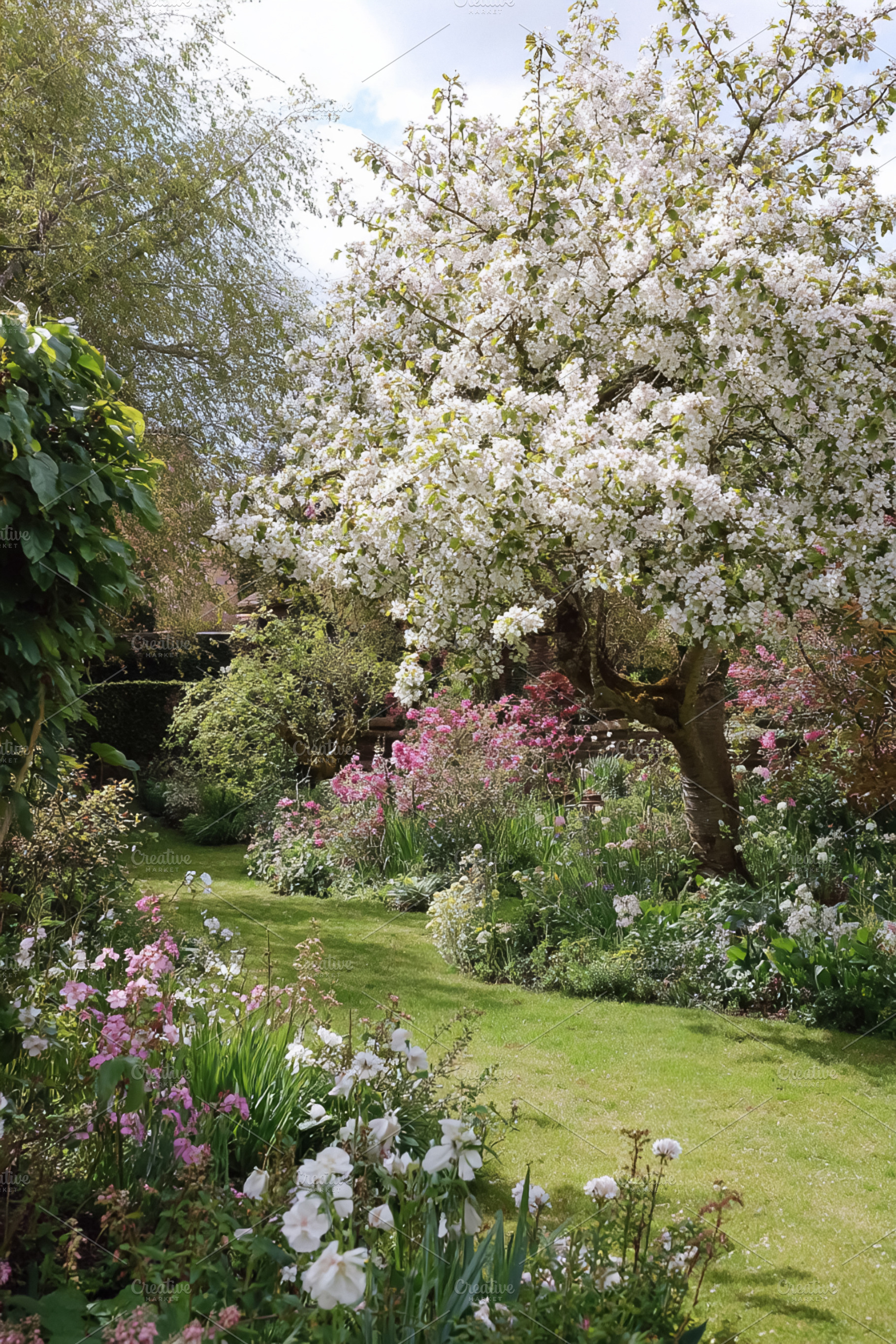 Spring garden path winding through beds of blossoming pink and w, a Photo by Studio ANNA