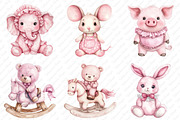 Pink Vintage Plush Animals Clipart, an Illustration by Watercolor design (Thumbnail 4 of 12)