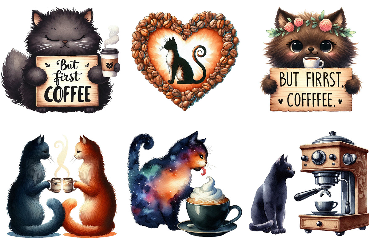 Cat Silhouette Love Coffee Clipart, an Illustration by Pixels.Craft (Photo 3 of 8)