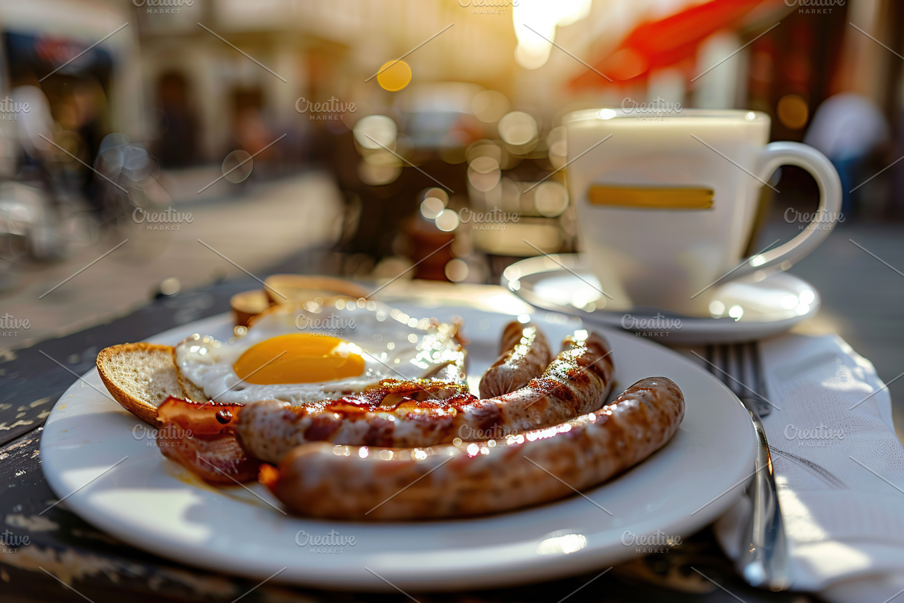 Tasty english breakfast with sausages, eggs, vegetables on the t, a Food & Drink Photo by AlyaAnd