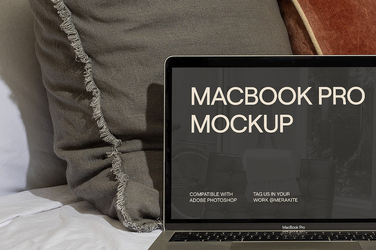 Realistic MacBook Pro Mockup on Bed, a Books & Magazine Mockup by Area Mockups (Photo 2 of 3)