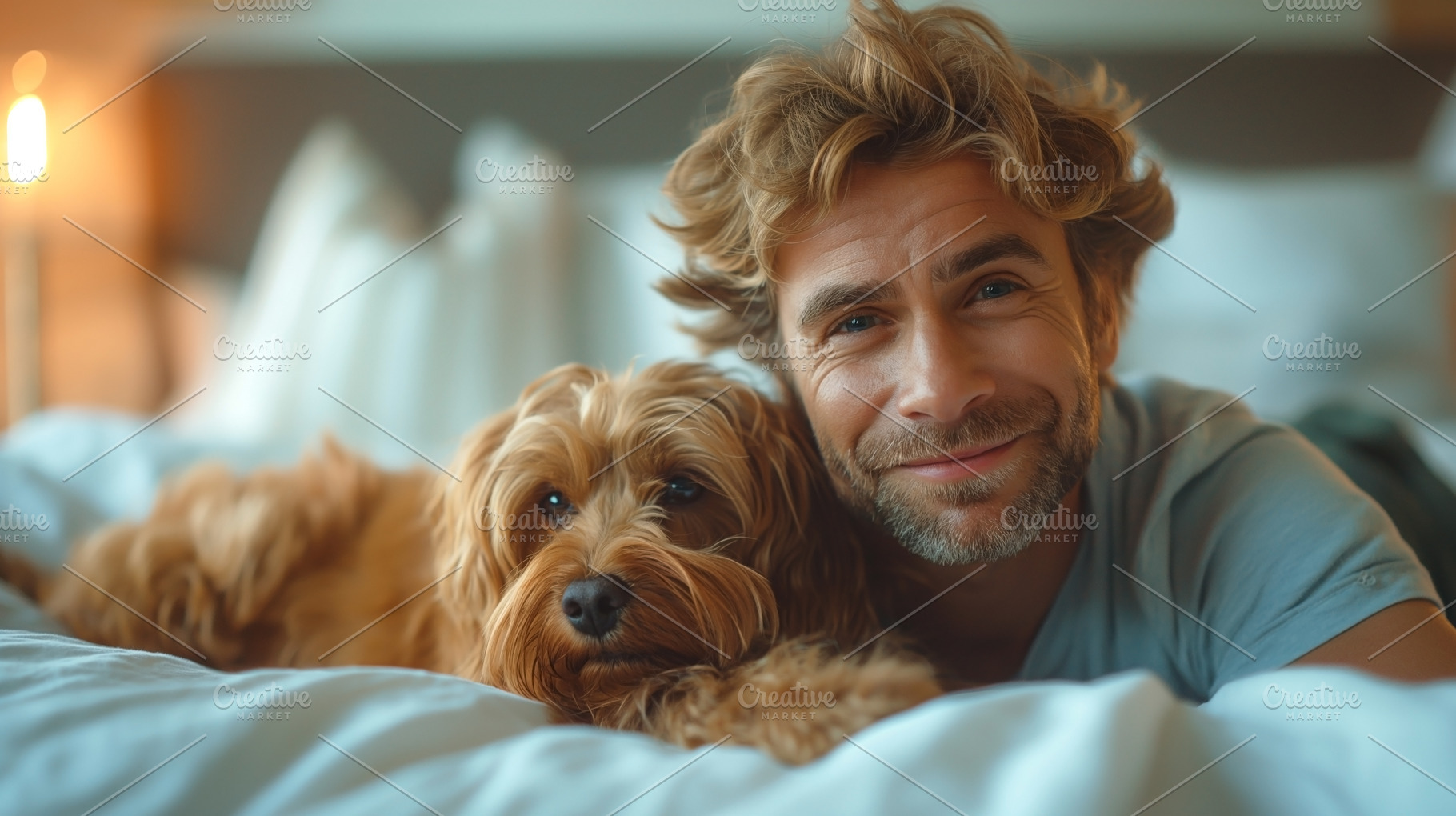 A smiling Caucasian man relaxes on a bed with his adorable golden dog, showcasi, a Person Photo by ImageMir