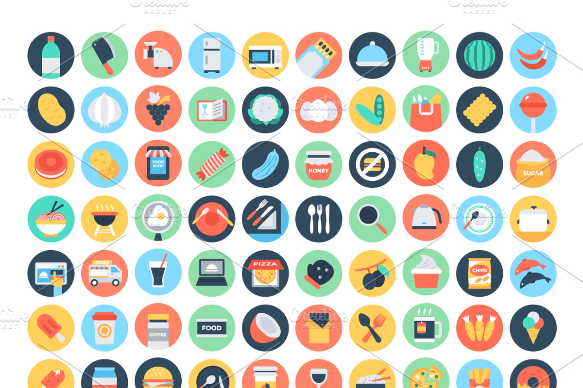 300+ Flat Food and Drinks Icons, an Icon by Vectors Market