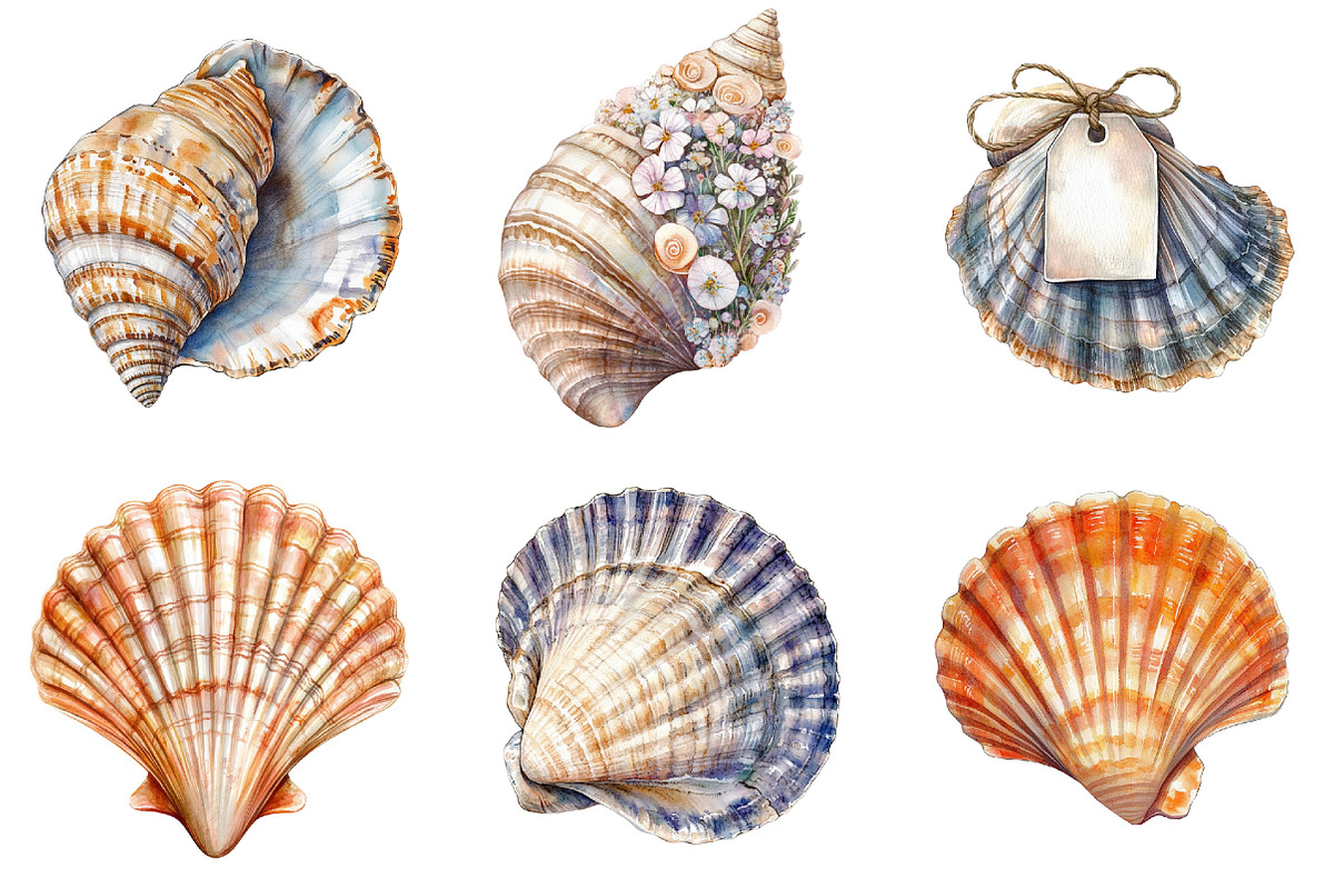 Watercolor Seashell Clipart Bundle, an Illustration by Pixels.Craft (Photo 7 of 7)