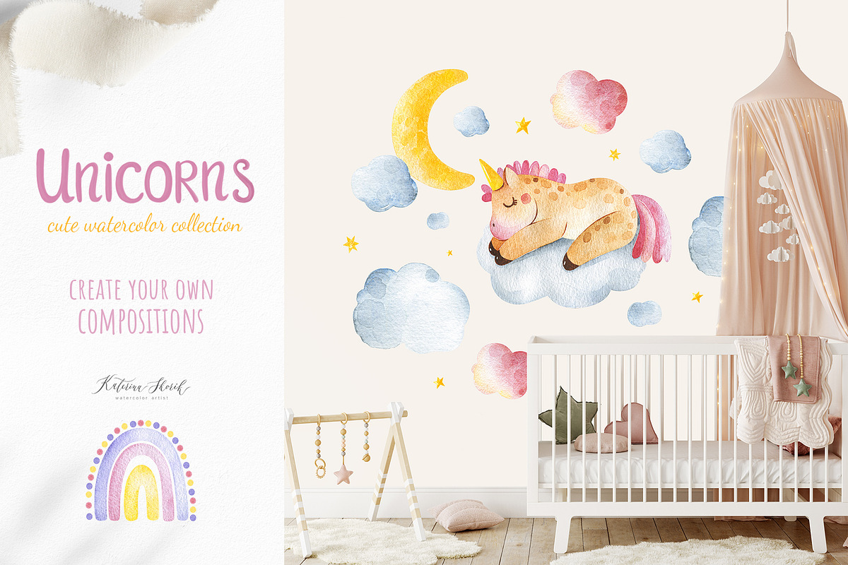 Unicorns.Cute watercolor collection, an Animal Illustration by Kate_Rina (Photo 7 of 16)