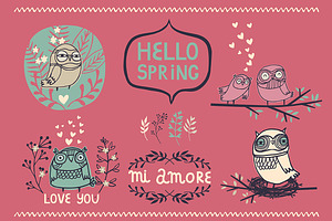 Hello spring set with owls