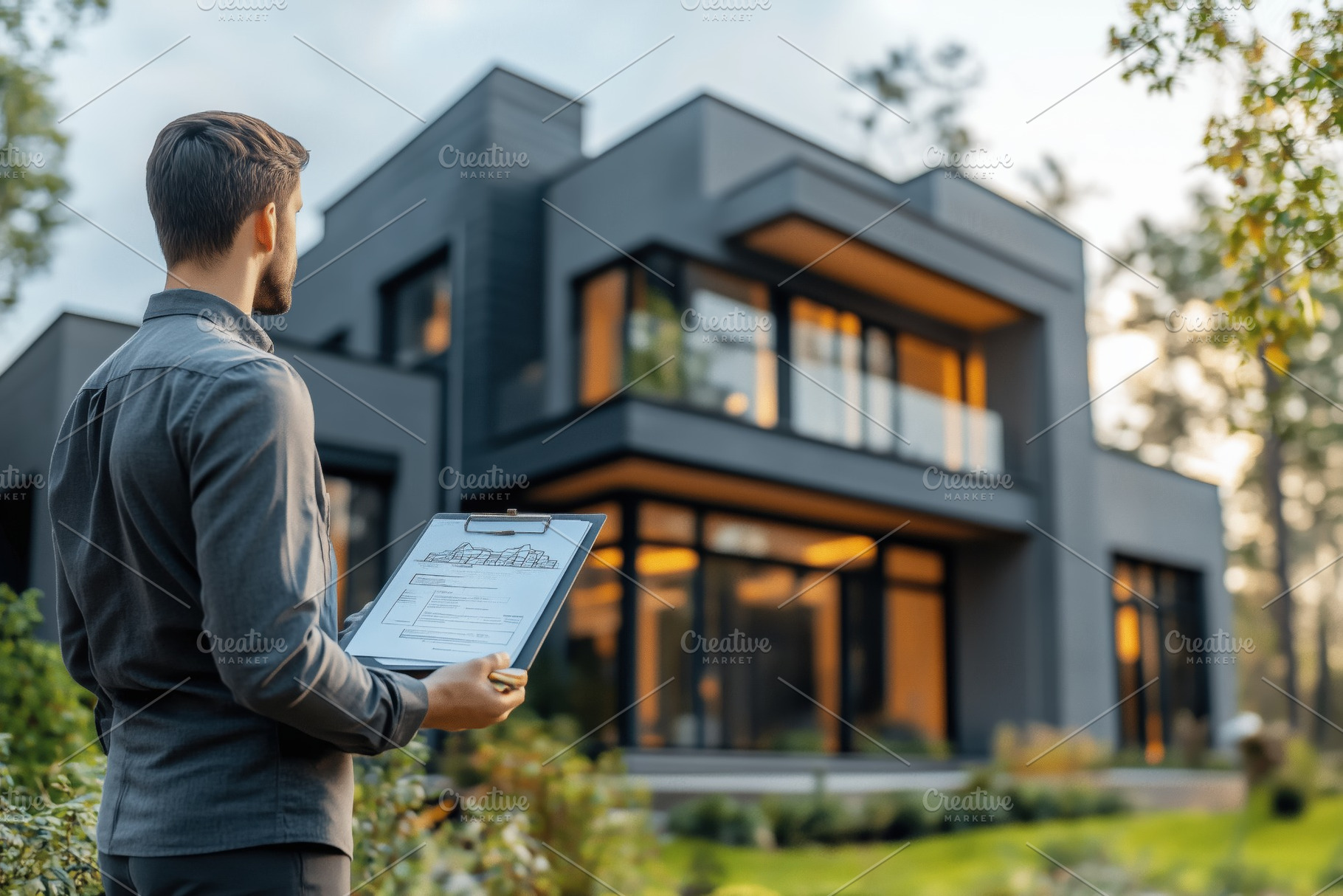 A realtor man holding a clipboard stands in front of a modern house with large, a Person Photo by Textures & Backgrounds