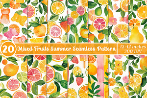 Mixed Fruits Summer Digital Papers, an Illustration by SinaCreation