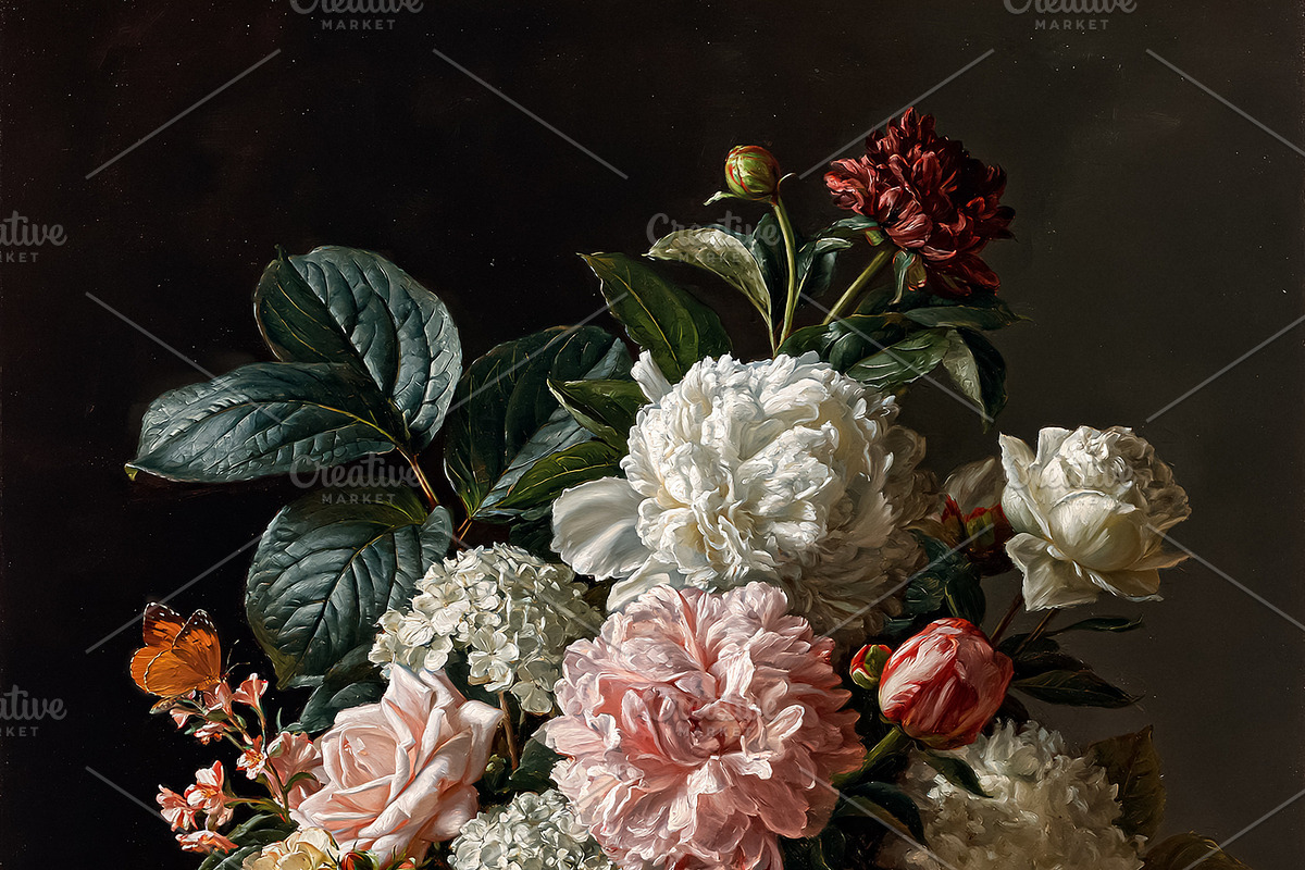 Opulent floral still life painting depicting a vibrant bouquet o, an Illustration by Anneleven