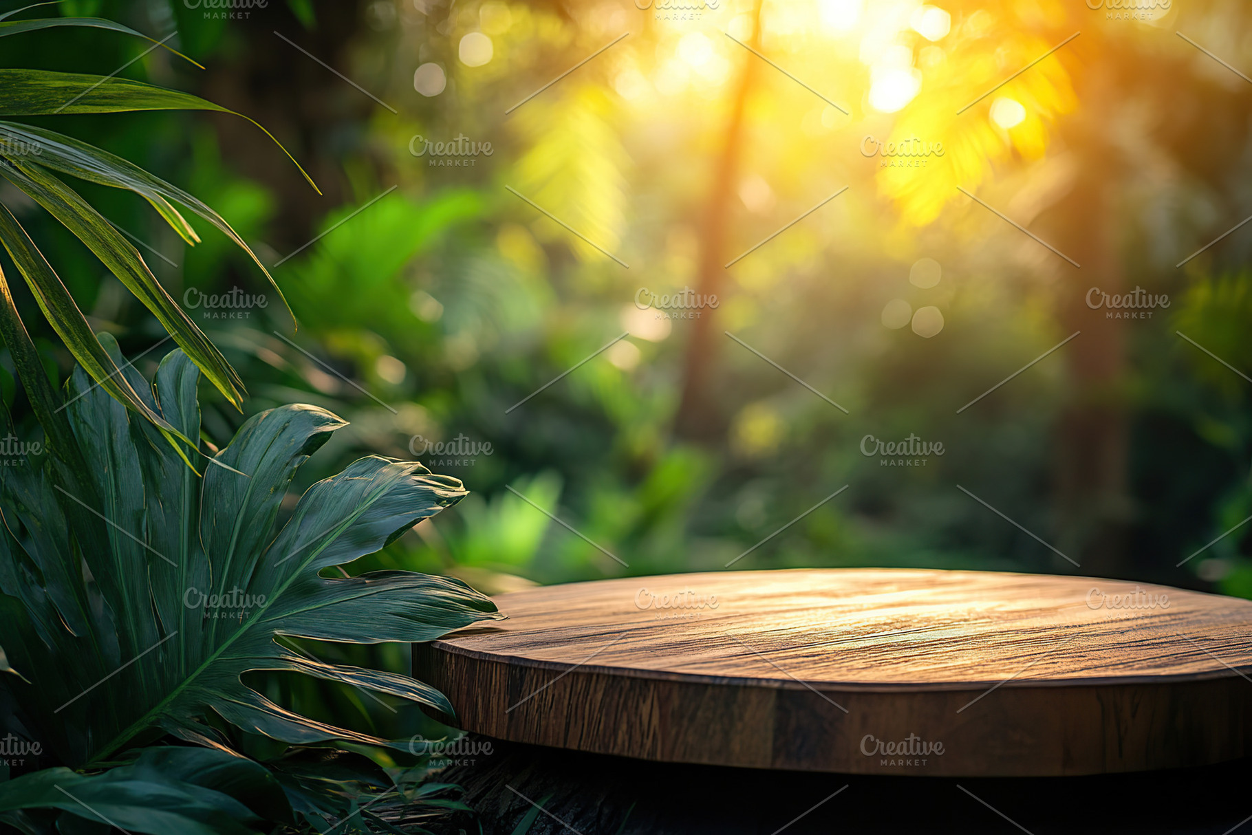 Natural tabletop podium for product display surrounded by lush g, a Background Photo by AlyaAnd