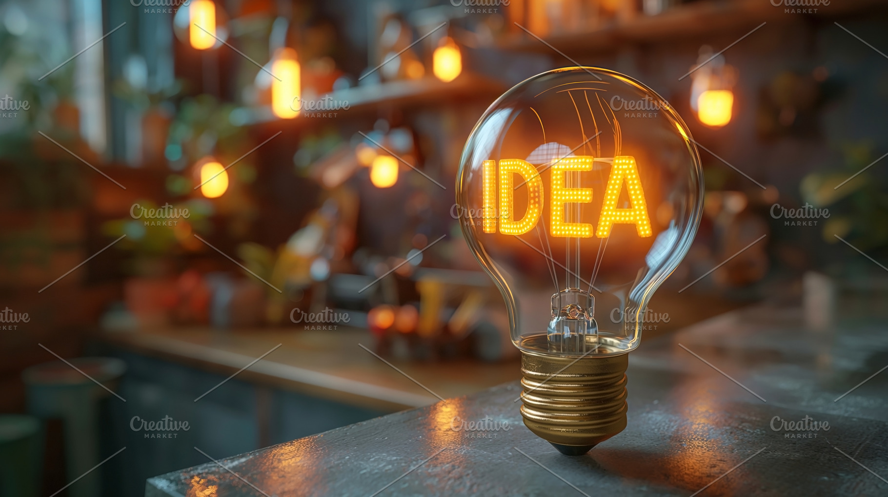 A glowing light bulb with 'IDEA' illuminated, set against a cozy, dimly lit wor, a Business Photo by ImageMir