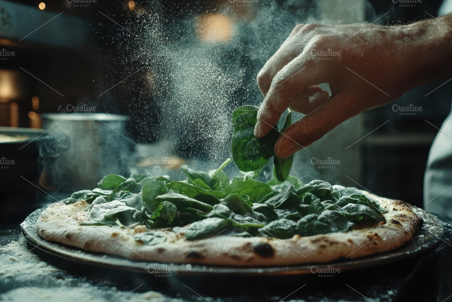 Chef adds fresh spinach leaves to a, a Photo by Iftikhar Alam