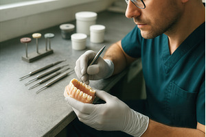 A dental technician wearing gloves, a Health & Medical Photo by Sergey Kotenev