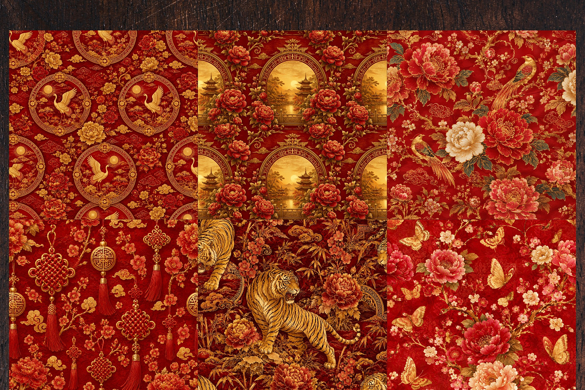 Red Gold Chinoiserie Digital Papers, a Pattern Graphic by LA Design (Photo 3 of 10)