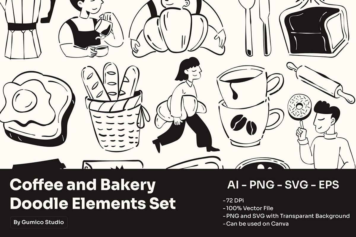 Coffee & Bakery Doodle Elements Set, a Food Illustration by Gumico Studio. (Photo 1 of 3)