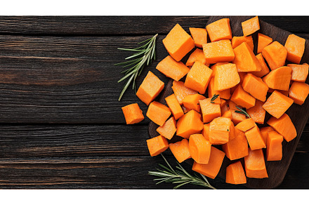 Cubes of raw butternut squash on a, a Food & Drink Photo by Sergey Kotenev