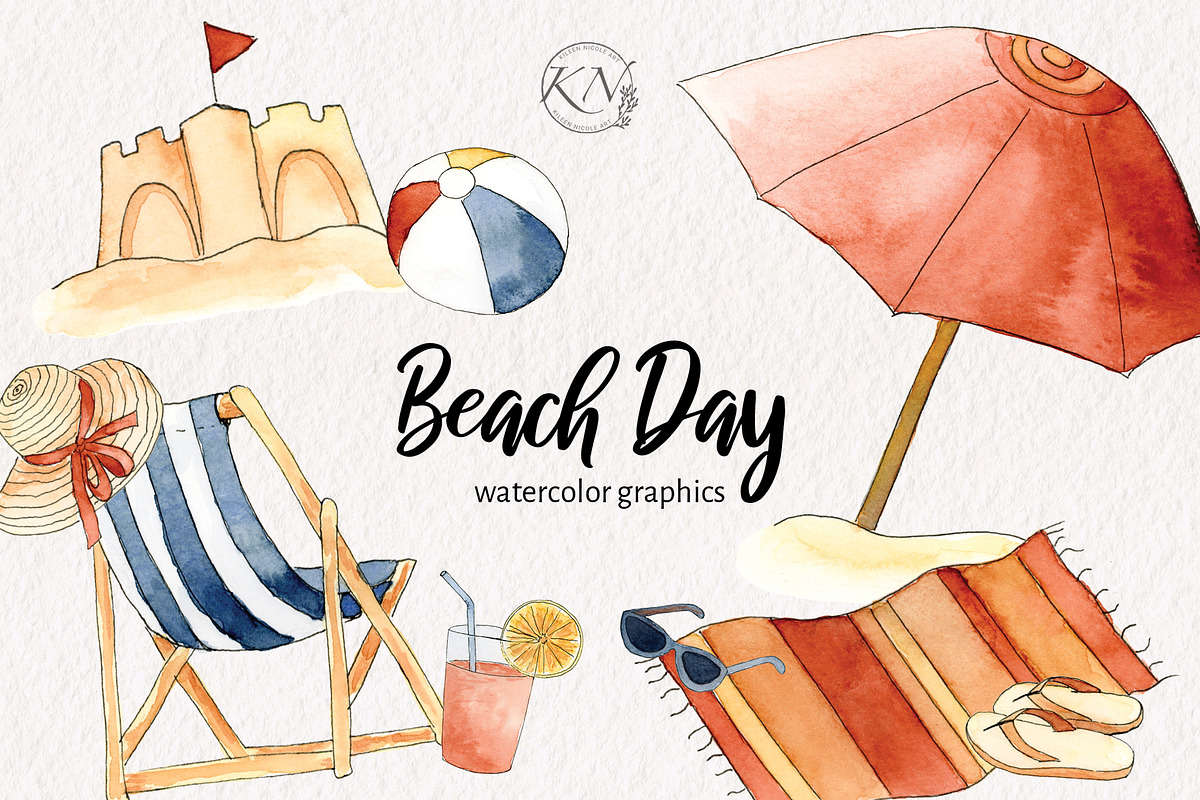 Watercolor Beach Day Graphics, a Food Illustration by Kileen Nicole Art (Photo 1 of 5)