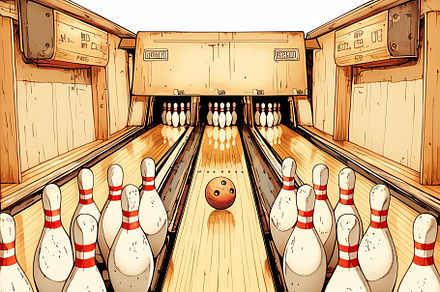 Ten bowling pins set up with ball about to strike mid-lane, an Illustration by AS photostudio
