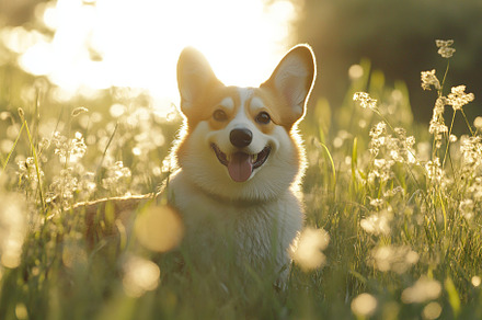 Portrait of a cute corgi dog having fun in a green meadow, an Animal Photo by AlyaAnd