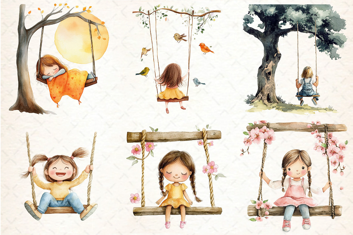 Watercolor Cute Girl on a Swing PNG, an Illustration by DreamCafeArt (Photo 4 of 8)