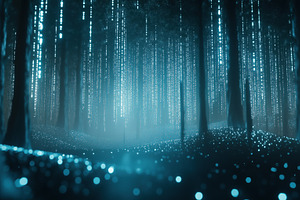 A mystical forest scene illuminated by glowing blue lights resembling digital d, a Photo by Textures & Backgrounds