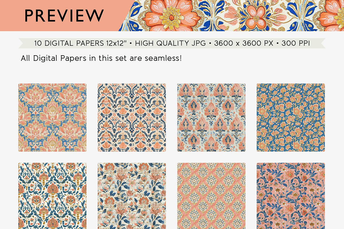 Blue Orange Floral Seamless Patterns, a Pattern Graphic by Maishop (Photo 4 of 4)