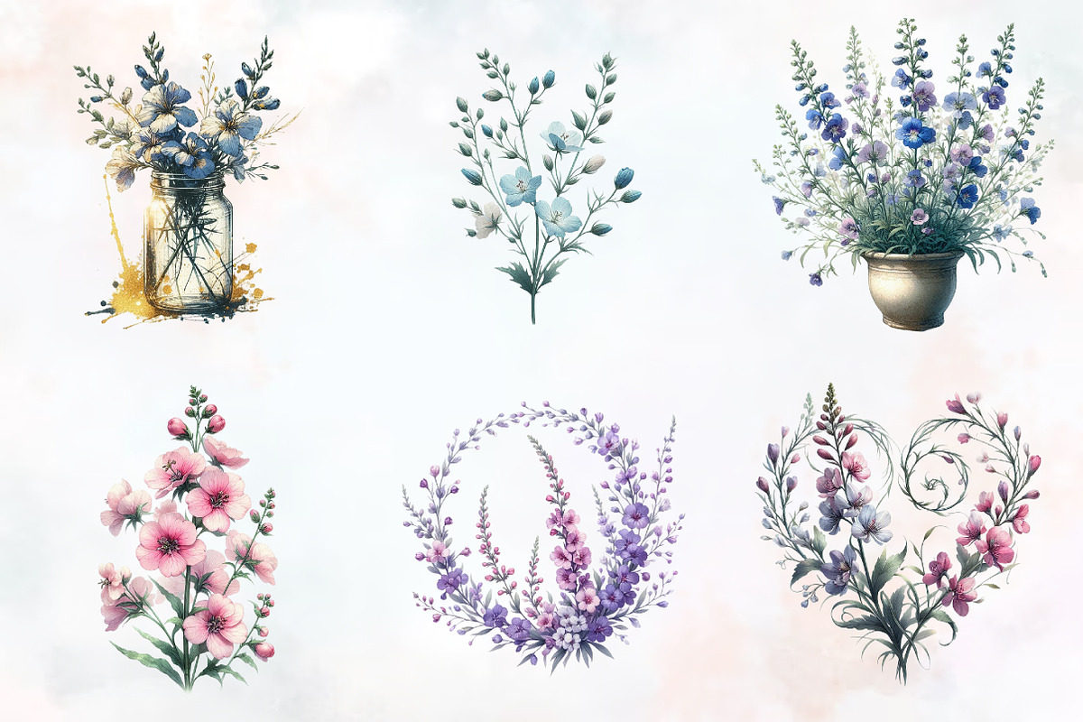 Larkspur Flower Watercolor Cliparts, an Illustration by RobertsArt (Photo 4 of 7)