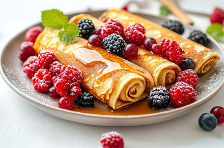 Delicious pancakes topped with sweet syrup and fresh ripe berries for a perfect, a Food & Drink Photo by AlyaAnd