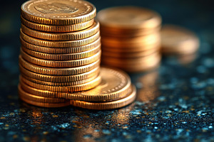Stacks of shiny coins on a reflectiv, a Photo by Tanuart