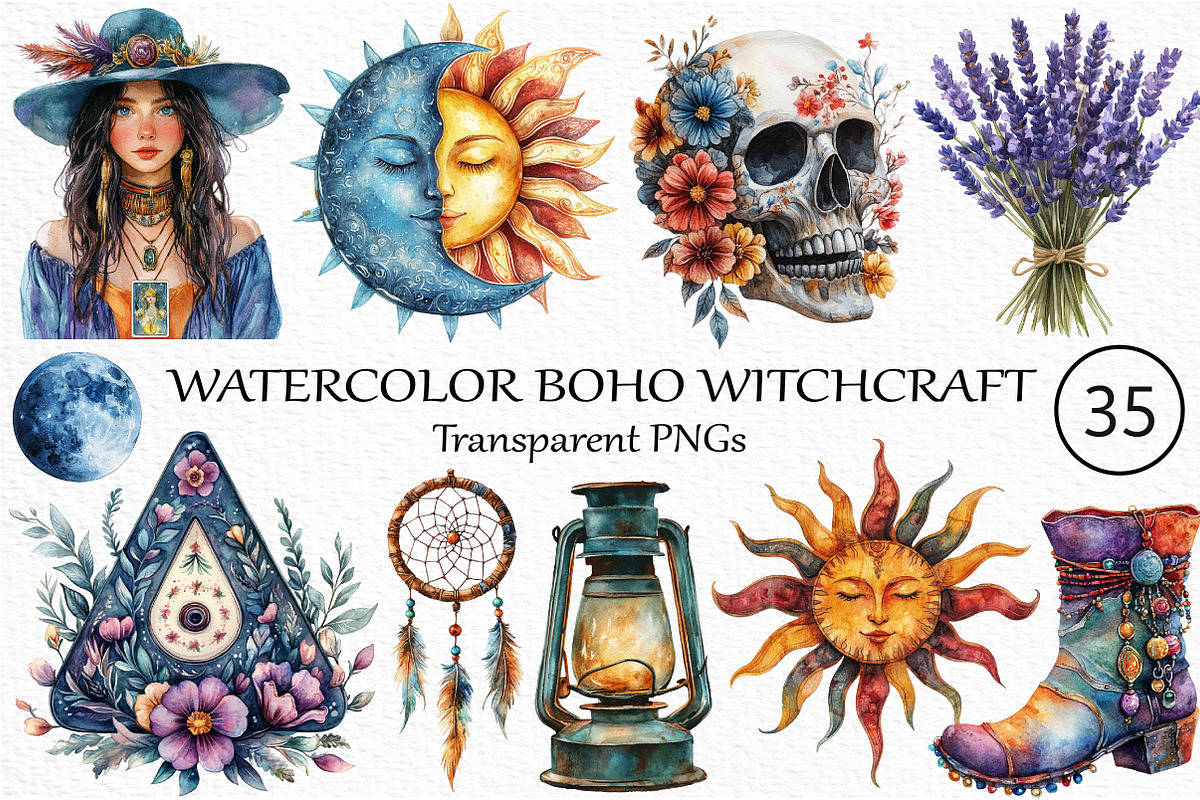 Watercolor Boho Witchcraft Clipart, an Illustration by Craft Nest (Photo 1 of 6)