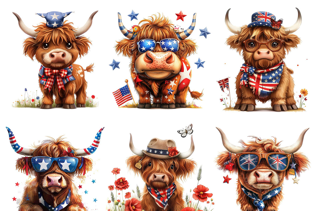 Patriotic Highland Cow Clipart, an Animal Illustration by Design Scotch (Photo 2 of 7)