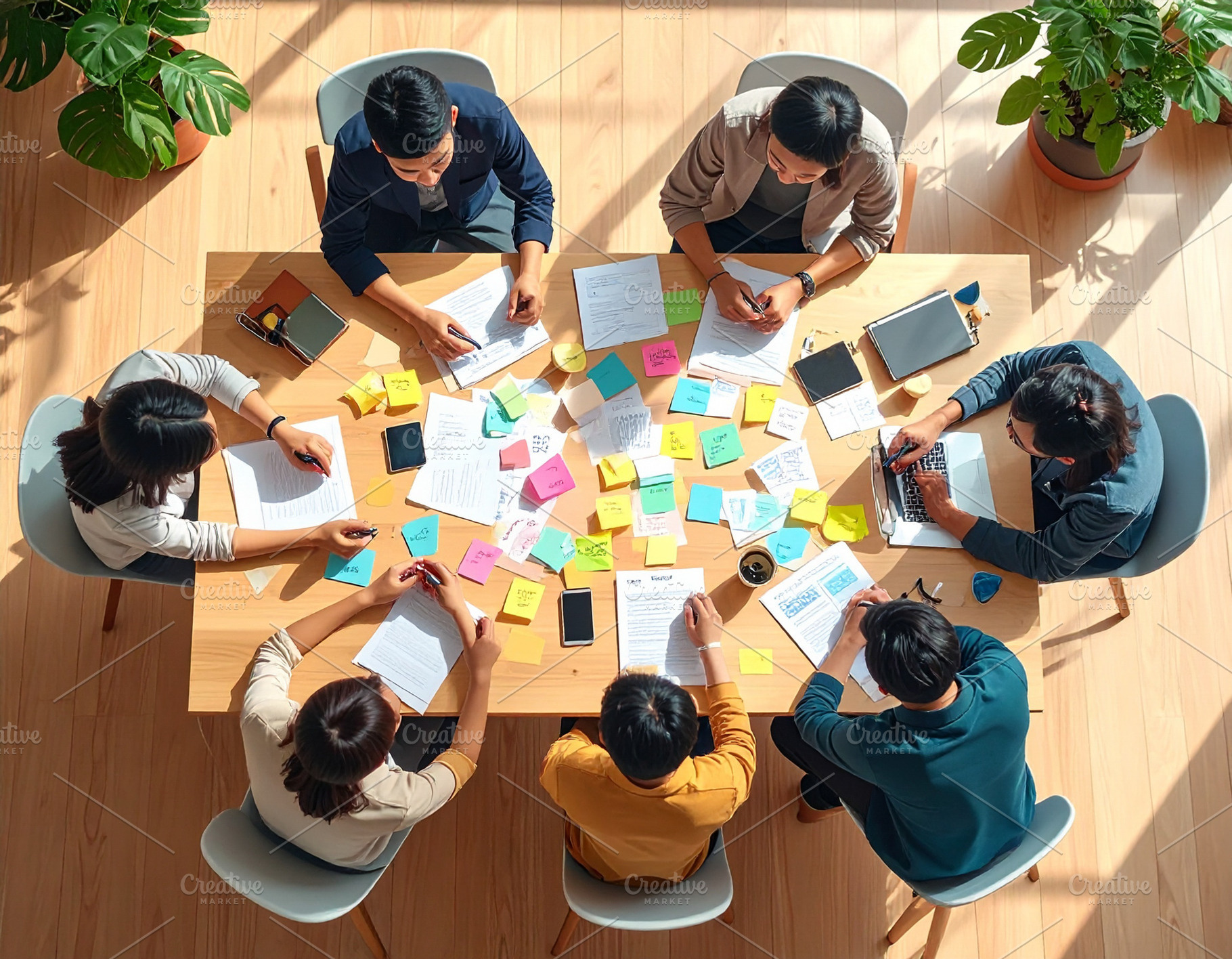 Young professionals engaged in a brainstorming session around a, a Business Photo by DanFLCreativo