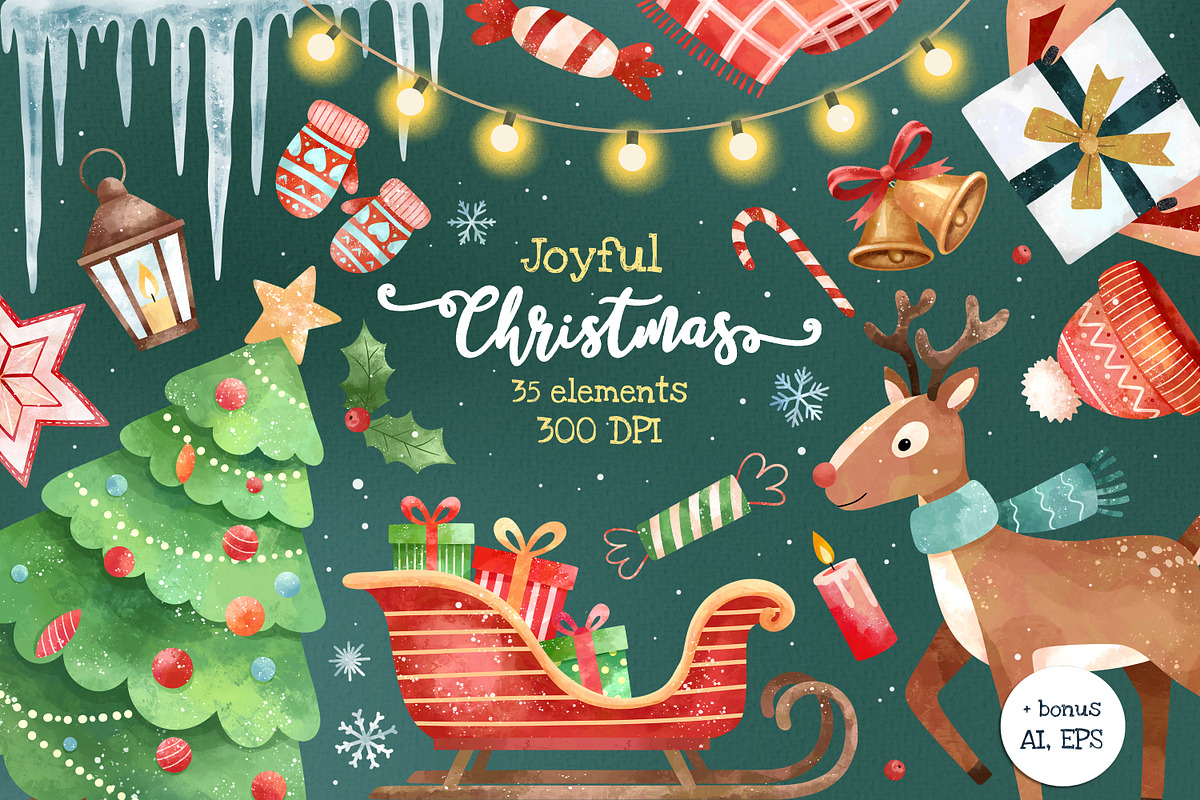 Merry Christmas Watercolor clipart, an Illustration by Hanna's ArtLab (Photo 1 of 4)