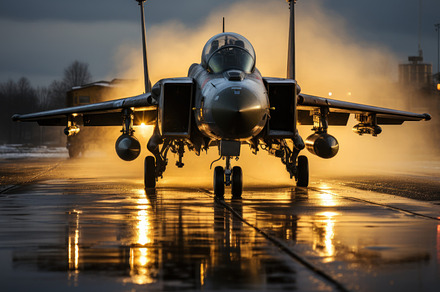 F-16 fighter jet on the runway at night in the rain., a Transportation Photo by AS photostudio