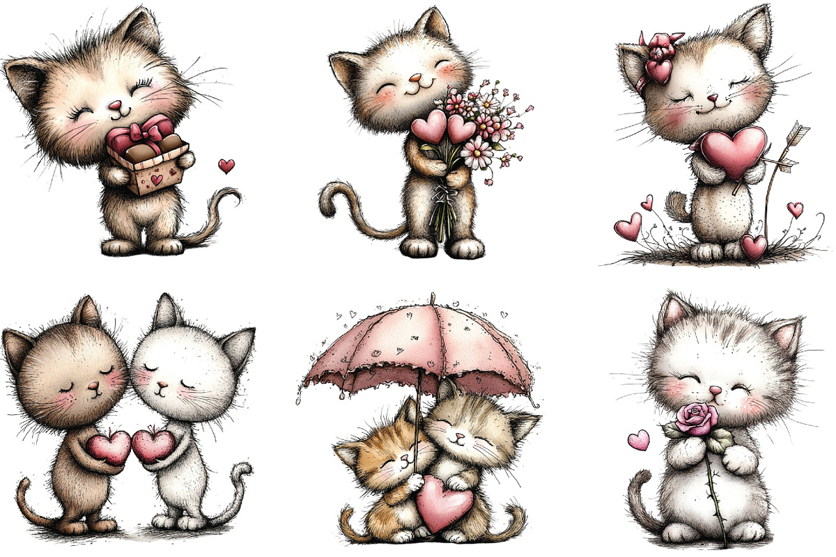 Whimsical Valentine Cats Clipart, an Illustration by CraftArtStudio (Photo 5 of 6)