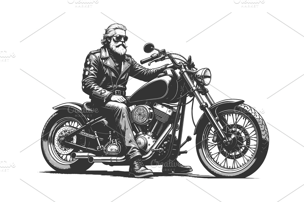 Bearded Biker Riding Motorcycle, a Transportation Illustration by AlexArt