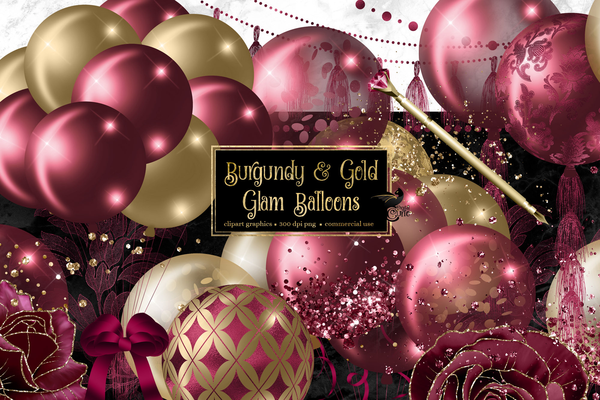 Burgundy and Gold Glam Balloons, an Illustration by Digital Curio