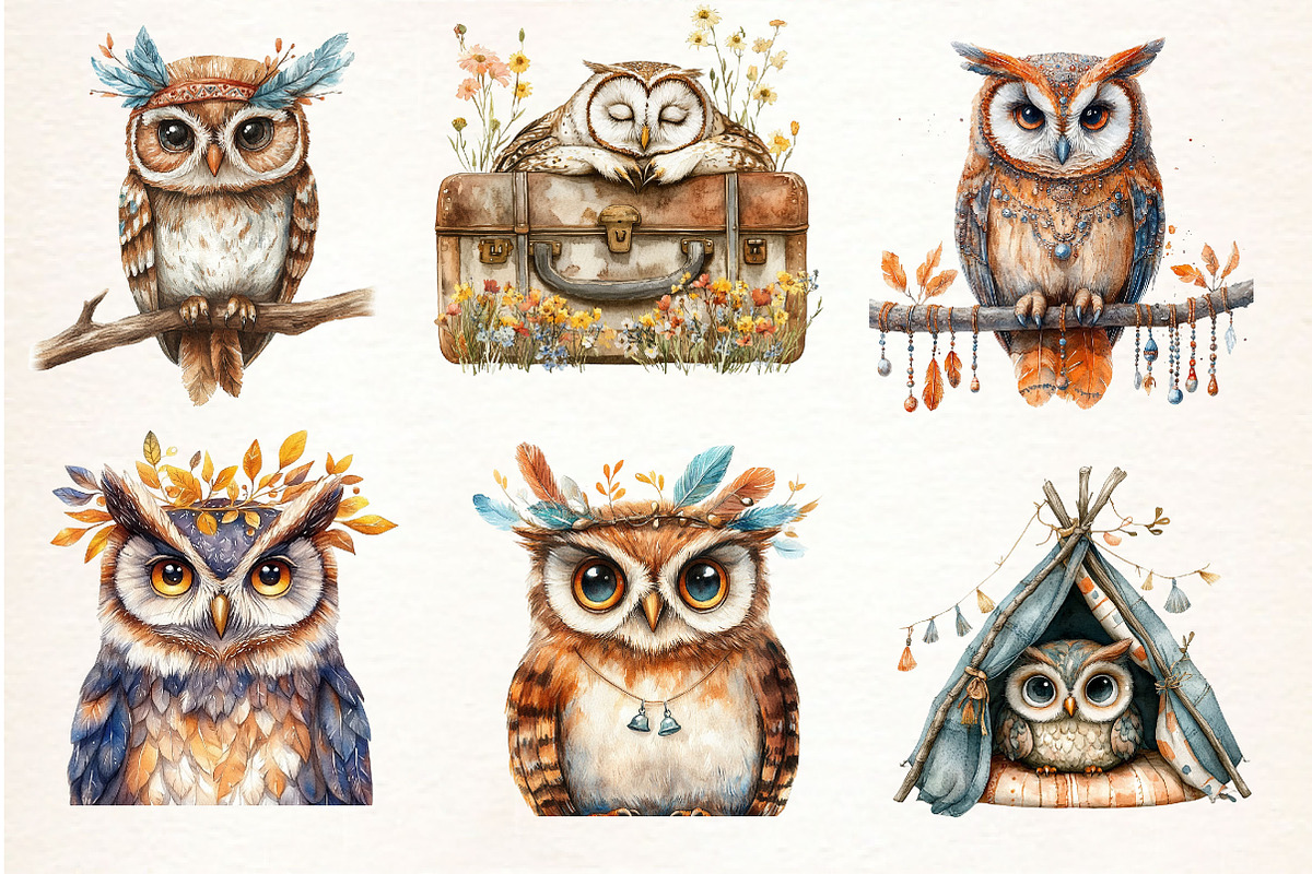 Boho Owl Sublimation Clipart, an Illustration by Dream Creation (Photo 6 of 7)