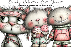 Quirky Valentine Cat Clipart Bundle, an Illustration by Black Bird Studio