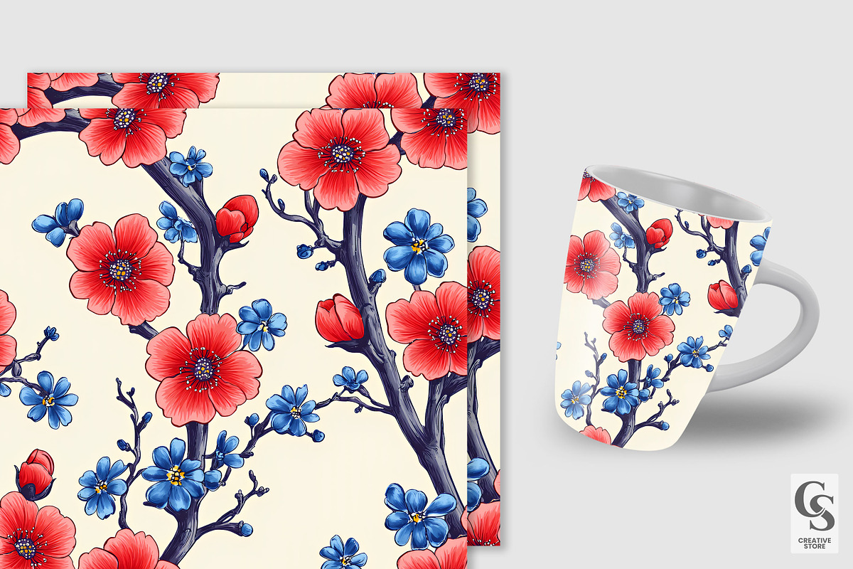 Red Blue Cute Cherry Blossoms Papers, a Pattern Graphic by Creative Store (Photo 2 of 5)