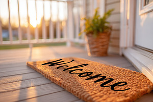 Welcome mat on porch during sunset with plant nearby inviting relaxation and ho, a Background Photo by AlyaAnd