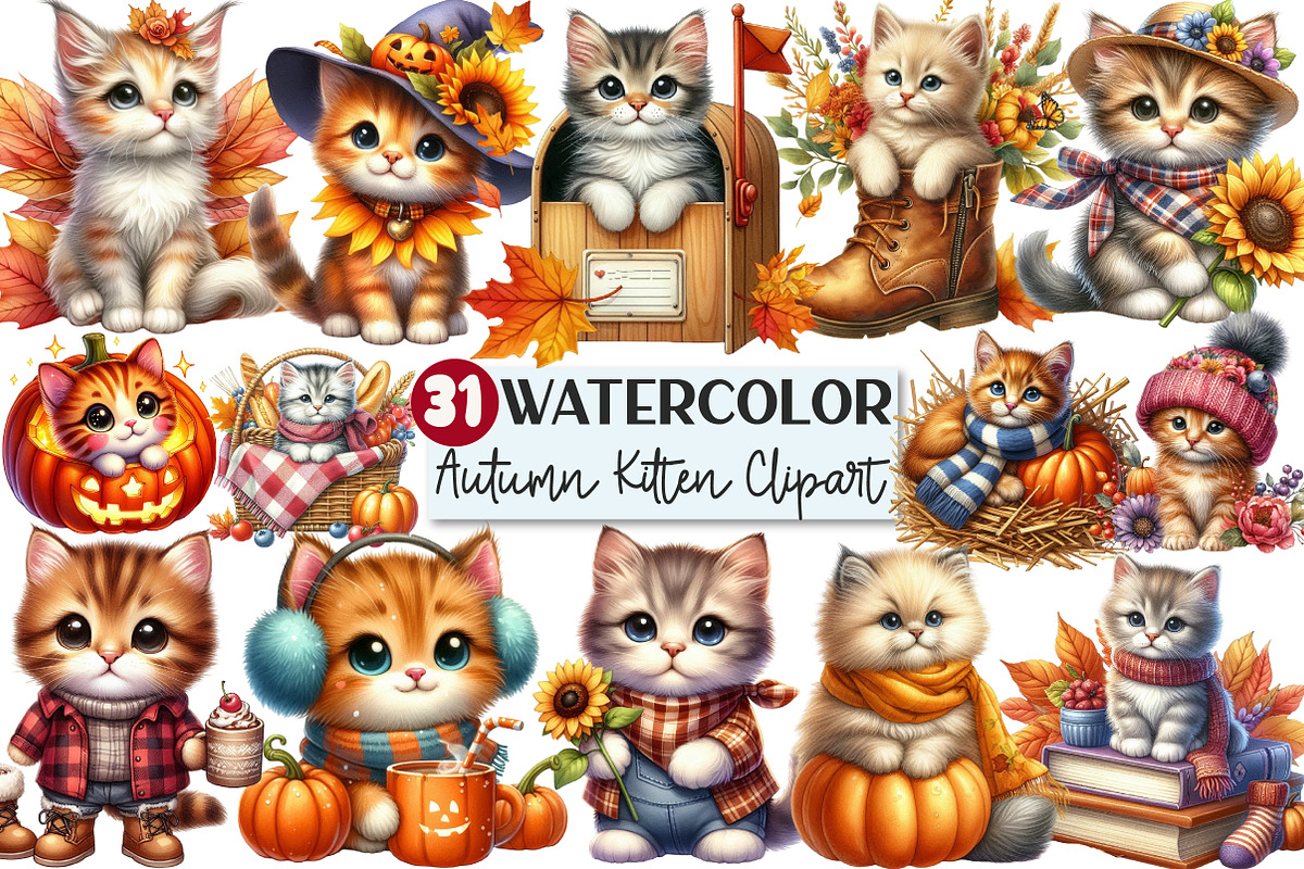 Watercolor Autumn Kitten Clipart, an Illustration by Rose Art (Photo 1 of 3)