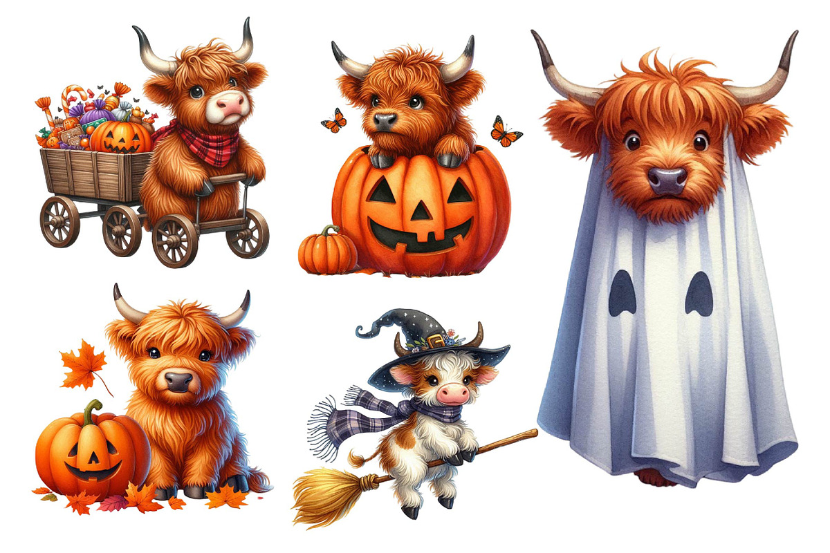Cute Halloween Highland Cow Clipart, an Illustration by Dream Creation (Photo 5 of 6)