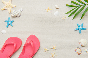 Pink flip flops, seashells, and starfishes creating relaxing sum, a Holiday Photo by Olena Rudo